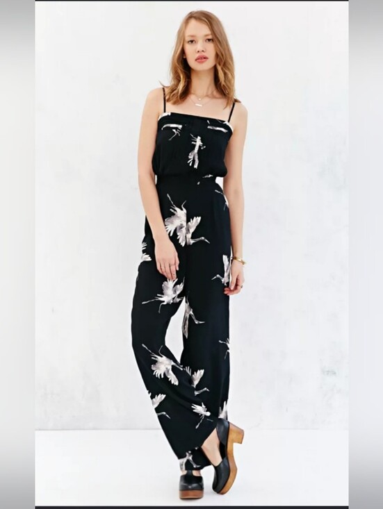 Kimchi Blue Pants - Kimchi Blue Urban Outfitters Black Crane Print Cutout Wide Leg Jumpsuit XS
